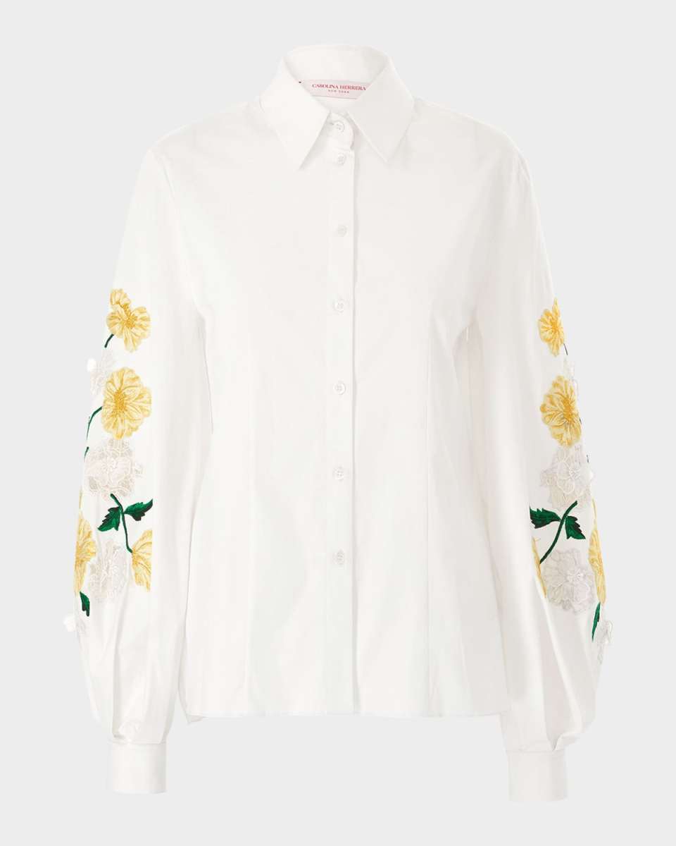 Flower Embroidered Puff-Sleeve Button-Down Shirt